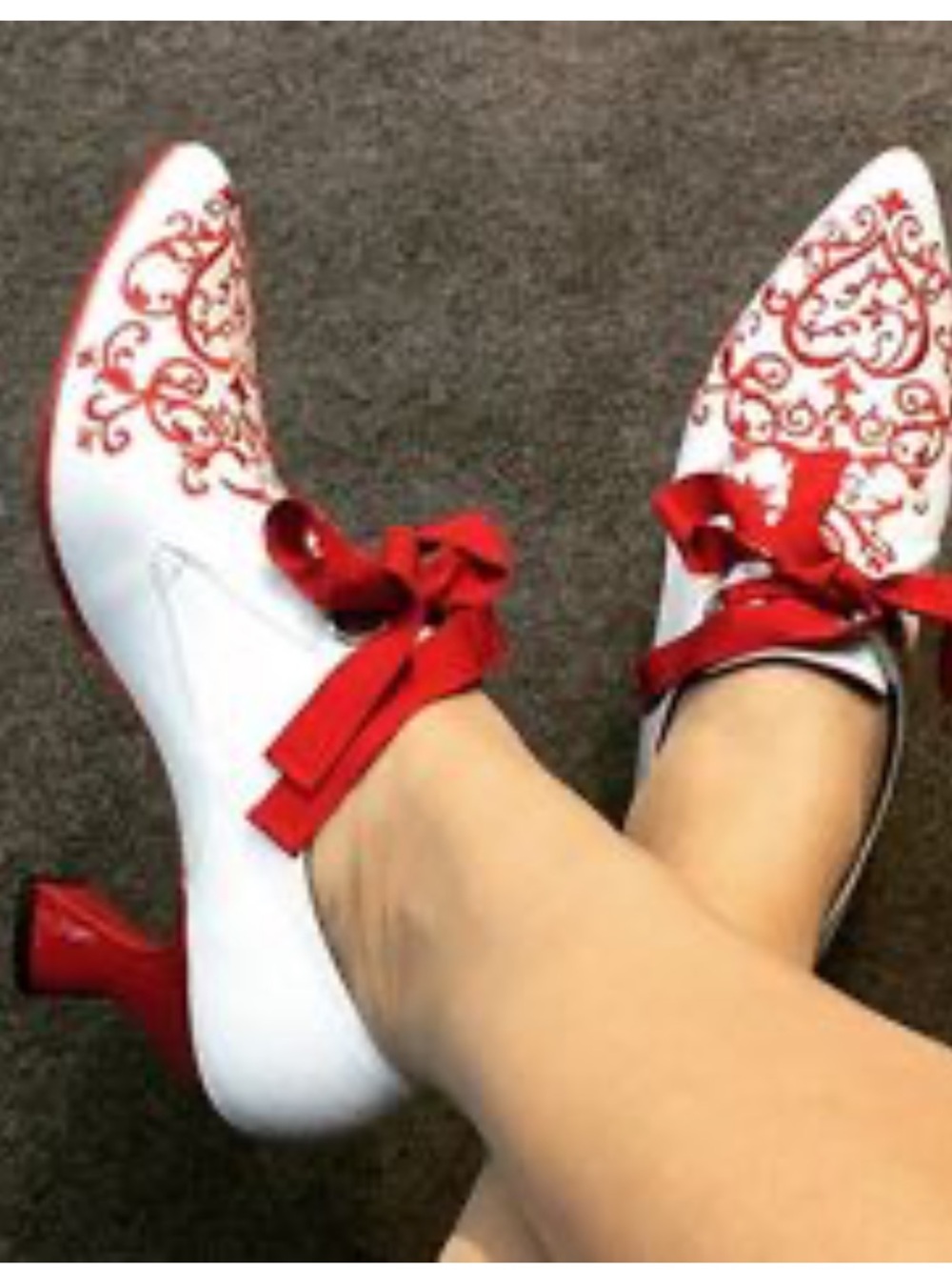 John Fluevog Zoe Red White
Embroidered Heart Lace Up Ribbon
Heel Pump 8.5